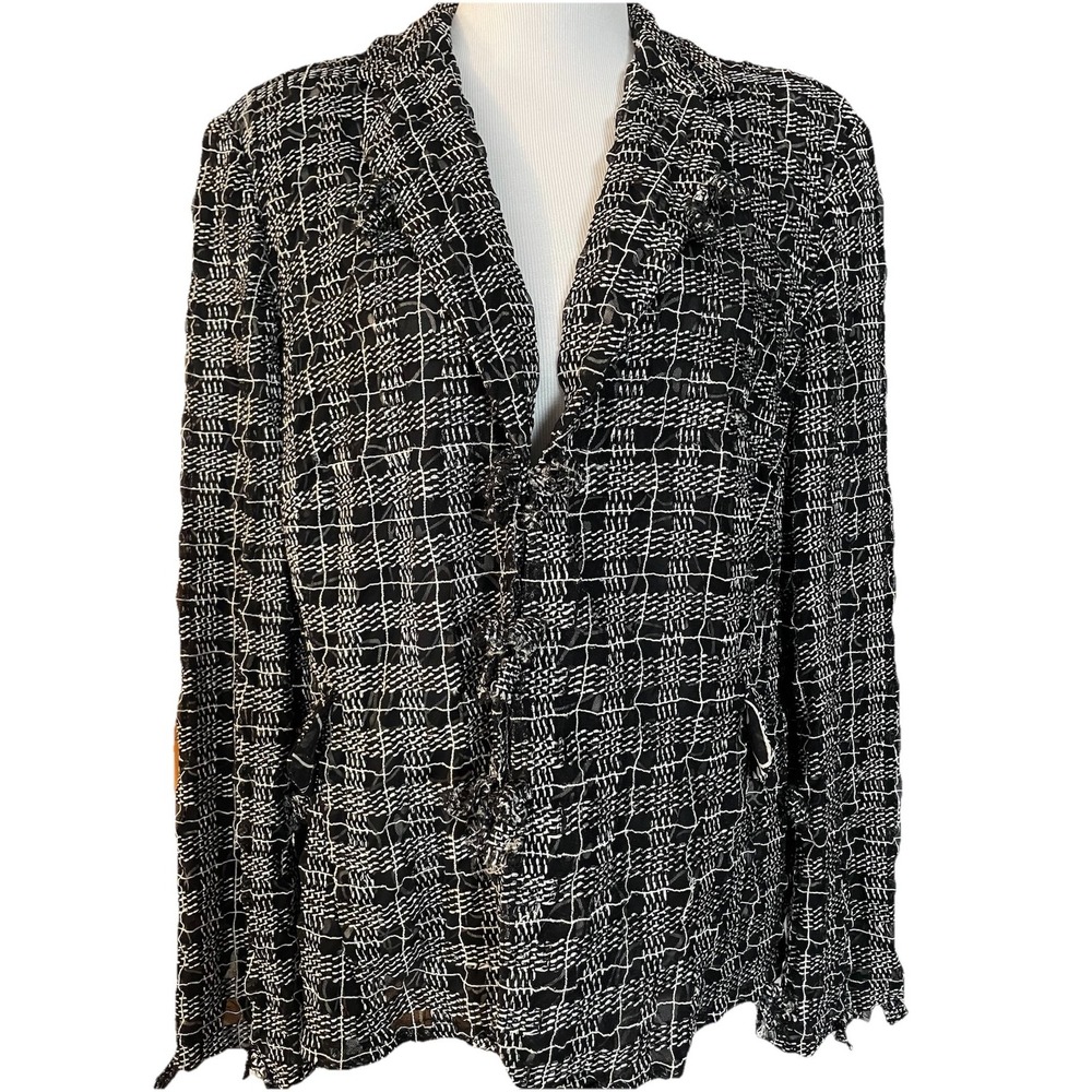 Vtg 90s Anne Klein Plaid Blazer Jacket 22W Silk Blend Black White Academia City